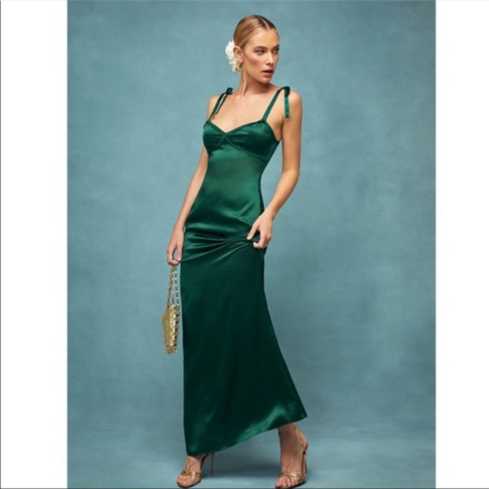 Reformation 100% Silk Gretchen Dress Green
